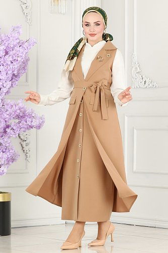 moda selvim Aksesuar Düğmeli Tesettür Takım 1984UKB139 Latte - Thumbnail