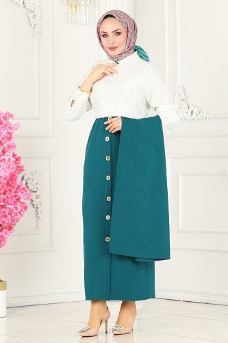 moda selvim Aksesuar Düğmeli Tesettür Takım 1984UKB139 Petrol - Thumbnail