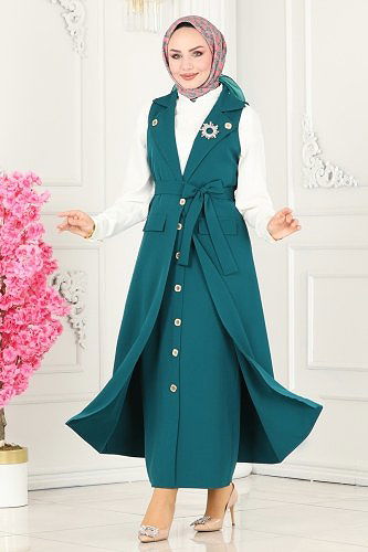 moda selvim Aksesuar Düğmeli Tesettür Takım 1984UKB139 Petrol - Thumbnail