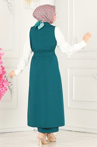 moda selvim Aksesuar Düğmeli Tesettür Takım 1984UKB139 Petrol - Thumbnail