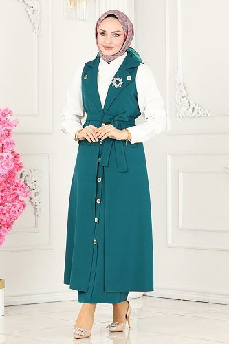 moda selvim Aksesuar Düğmeli Tesettür Takım 1984UKB139 Petrol - Thumbnail