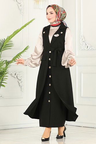 moda selvim Aksesuar Düğmeli Tesettür Takım 1984UKB139 Siyah - Thumbnail