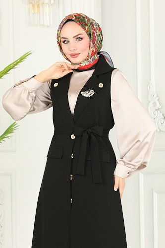 moda selvim Aksesuar Düğmeli Tesettür Takım 1984UKB139 Siyah - Thumbnail