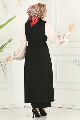 moda selvim Aksesuar Düğmeli Tesettür Takım 1984UKB139 Siyah - Thumbnail