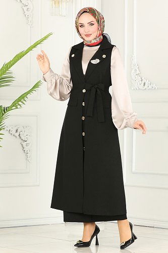 moda selvim Aksesuar Düğmeli Tesettür Takım 1984UKB139 Siyah - Thumbnail