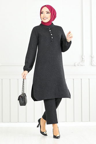 moda selvim Aksesuar Düğmeli Tesettür Takım 22035UKB929-M Siyah - Thumbnail