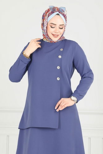 moda selvim Aksesuar Düğmeli Tesettür Takım 23012UKB139 Açık İndigo - Thumbnail