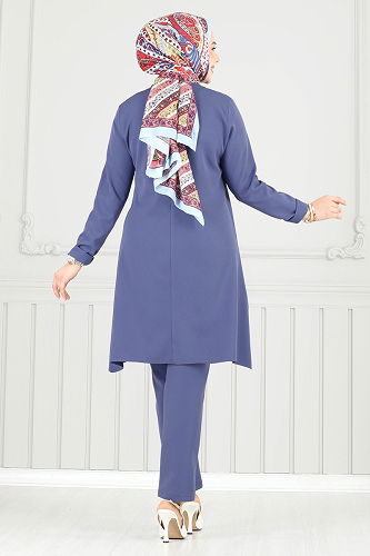 moda selvim Aksesuar Düğmeli Tesettür Takım 23012UKB139 Açık İndigo - Thumbnail