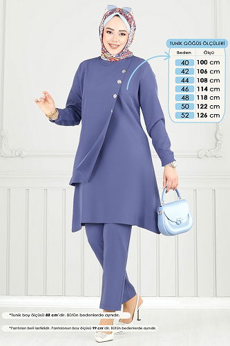 moda selvim Aksesuar Düğmeli Tesettür Takım 23012UKB139 Açık İndigo - Thumbnail