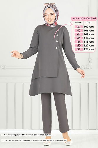 moda selvim Aksesuar Düğmeli Tesettür Takım 23012UKB139 Antrasit - Thumbnail
