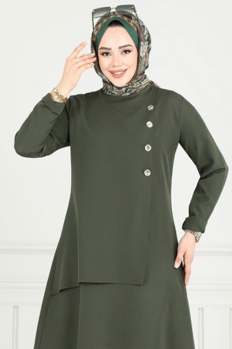 moda selvim Aksesuar Düğmeli Tesettür Takım 23012UKB139 Haki - Thumbnail