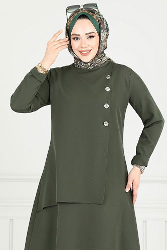 moda selvim Aksesuar Düğmeli Tesettür Takım 23012UKB139 Haki - Thumbnail