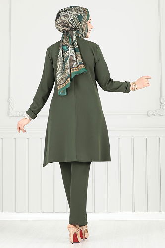 moda selvim Aksesuar Düğmeli Tesettür Takım 23012UKB139 Haki - Thumbnail