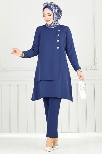 moda selvim Aksesuar Düğmeli Tesettür Takım 23012UKB139 Laci - Thumbnail