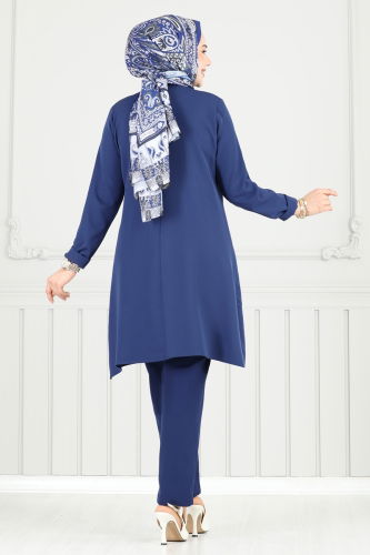 moda selvim Aksesuar Düğmeli Tesettür Takım 23012UKB139 Laci - Thumbnail