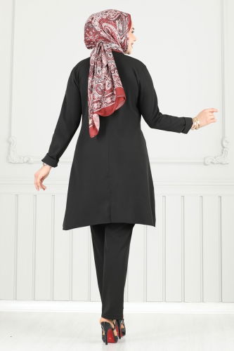 moda selvim Aksesuar Düğmeli Tesettür Takım 23012UKB139 Siyah - Thumbnail