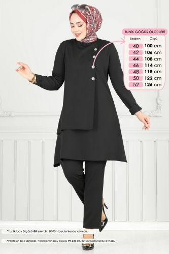 moda selvim Aksesuar Düğmeli Tesettür Takım 23012UKB139 Siyah - Thumbnail