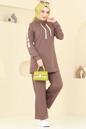 moda selvim Aksesuar Düğmeli Tesettür Takım 2603SL432 Açık Kahve - Thumbnail