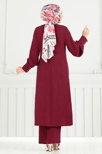 MRV S.L. - Aksesuar Düğmeli Tesettür Takım 2664SL890-M Bordo