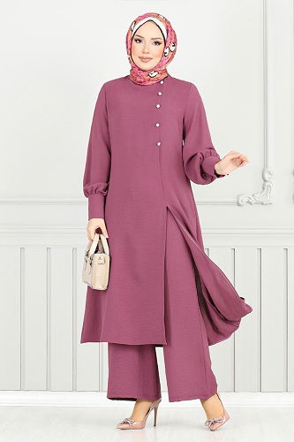 moda selvim Aksesuar Düğmeli Tesettür Takım 2664SL890-M Koyu Gül Kurusu - Thumbnail