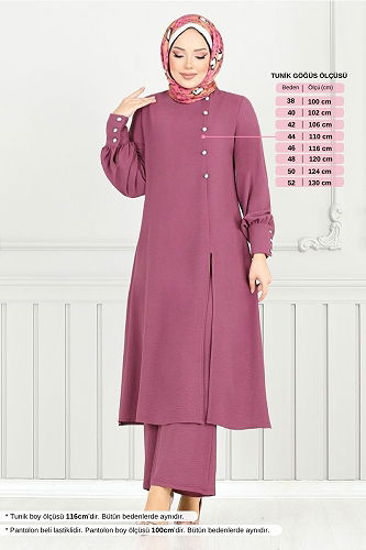 moda selvim Aksesuar Düğmeli Tesettür Takım 2664SL890-M Koyu Gül Kurusu - Thumbnail