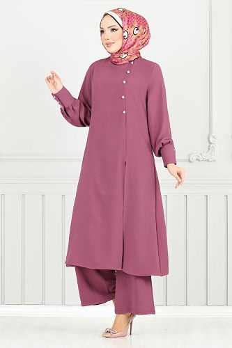 moda selvim Aksesuar Düğmeli Tesettür Takım 2664SL890-M Koyu Gül Kurusu - Thumbnail
