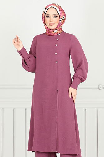 moda selvim Aksesuar Düğmeli Tesettür Takım 2664SL890-M Koyu Gül Kurusu - Thumbnail