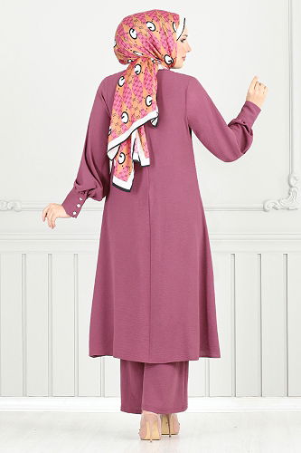 moda selvim Aksesuar Düğmeli Tesettür Takım 2664SL890-M Koyu Gül Kurusu - Thumbnail