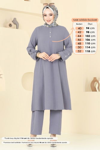 moda selvim Aksesuar Düğmeli Tesettür Takım 4012MH427 Gri - Thumbnail