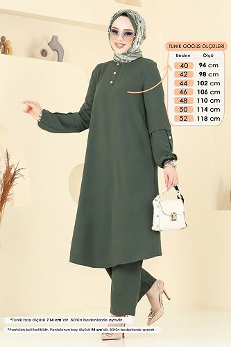 moda selvim Aksesuar Düğmeli Tesettür Takım 4012MH427 Haki - Thumbnail