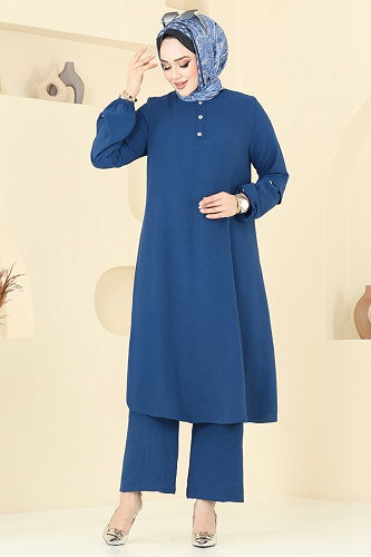 moda selvim Aksesuar Düğmeli Tesettür Takım 4012MH427 İndigo - Thumbnail