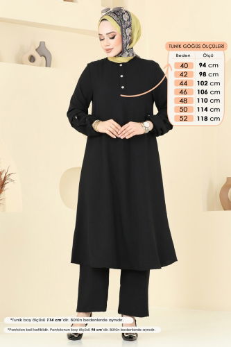 moda selvim Aksesuar Düğmeli Tesettür Takım 4012MH427 Siyah - Thumbnail