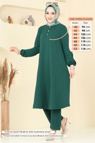 moda selvim Aksesuar Düğmeli Tesettür Takım 4012MH427 Zümrüt - Thumbnail