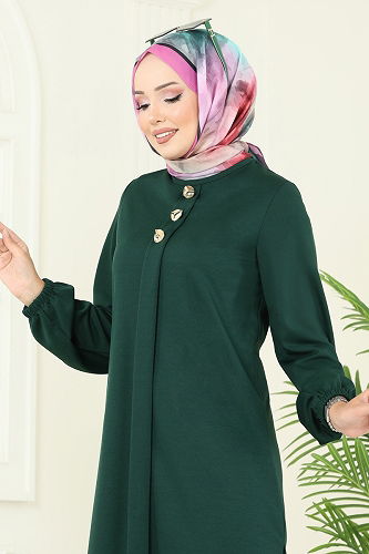 moda selvim Aksesuar Düğmeli Tesettür Takım 456DVL817 Zümrüt - Thumbnail