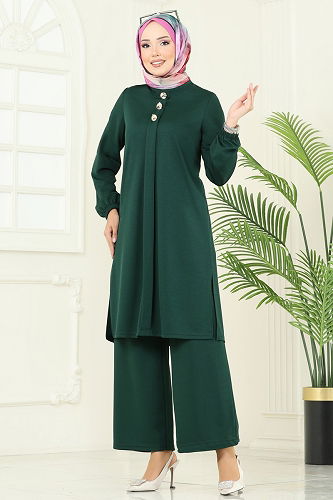 moda selvim Aksesuar Düğmeli Tesettür Takım 456DVL817 Zümrüt - Thumbnail