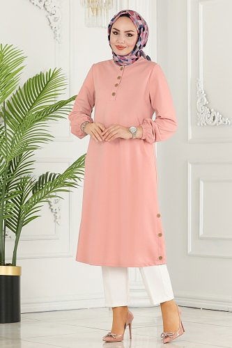 moda selvim Aksesuar Düğmeli Tesettür Tunik 2508SL432 Pudra - Thumbnail