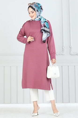 moda selvim Aksesuar Düğmeli Tesettür Tunik 2695AYD574 Gül Kurusu - Thumbnail