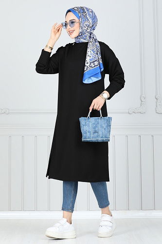 moda selvim Aksesuar Düğmeli Tesettür Tunik 2695AYD574 Siyah - Thumbnail