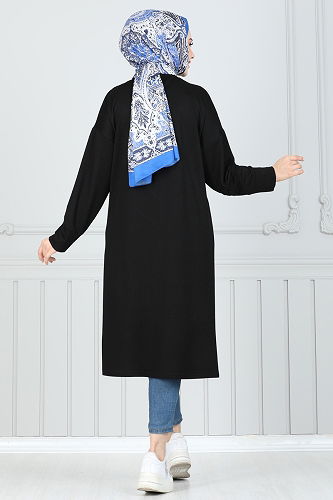 moda selvim Aksesuar Düğmeli Tesettür Tunik 2695AYD574 Siyah - Thumbnail