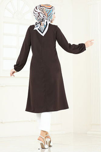 moda selvim Aksesuar Düğmeli Tesettür Tunik 7777MH427 Acı Kahve - Thumbnail