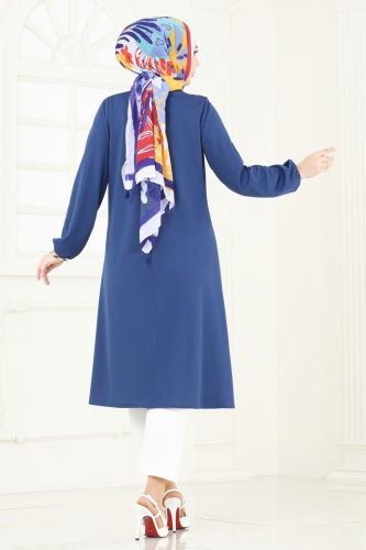 moda selvim Aksesuar Düğmeli Tesettür Tunik 7777MH427 İndigo - Thumbnail
