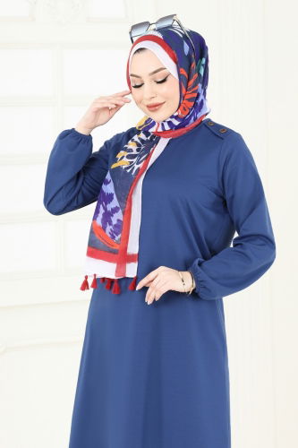 moda selvim Aksesuar Düğmeli Tesettür Tunik 7777MH427 İndigo - Thumbnail