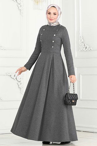 moda selvim Aksesuar Düğmeli Tivit Elbise 2537SL432 Gri - Thumbnail