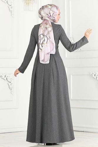 moda selvim Aksesuar Düğmeli Tivit Elbise 2537SL432 Gri - Thumbnail