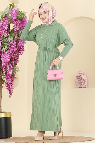 moda selvim Aksesuar Düğmeli Triko Elbise 211440TPK1167 Çağla - Thumbnail