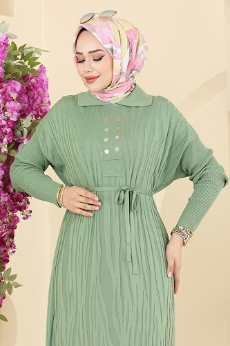 moda selvim Aksesuar Düğmeli Triko Elbise 211440TPK1167 Çağla - Thumbnail