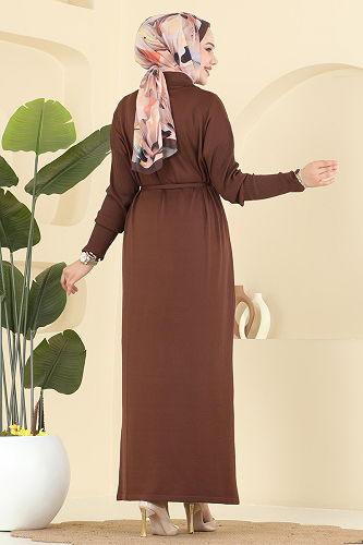 moda selvim Aksesuar Düğmeli Triko Elbise 211440TPK1167 Kahve - Thumbnail
