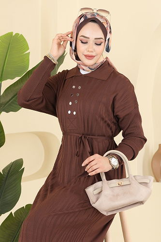 moda selvim Aksesuar Düğmeli Triko Elbise 211440TPK1167 Kahve - Thumbnail