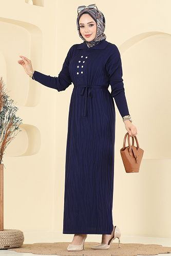 moda selvim Aksesuar Düğmeli Triko Elbise 211440TPK1167 Laci - Thumbnail