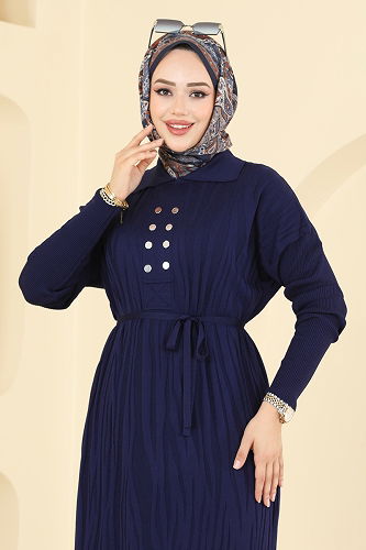 moda selvim Aksesuar Düğmeli Triko Elbise 211440TPK1167 Laci - Thumbnail